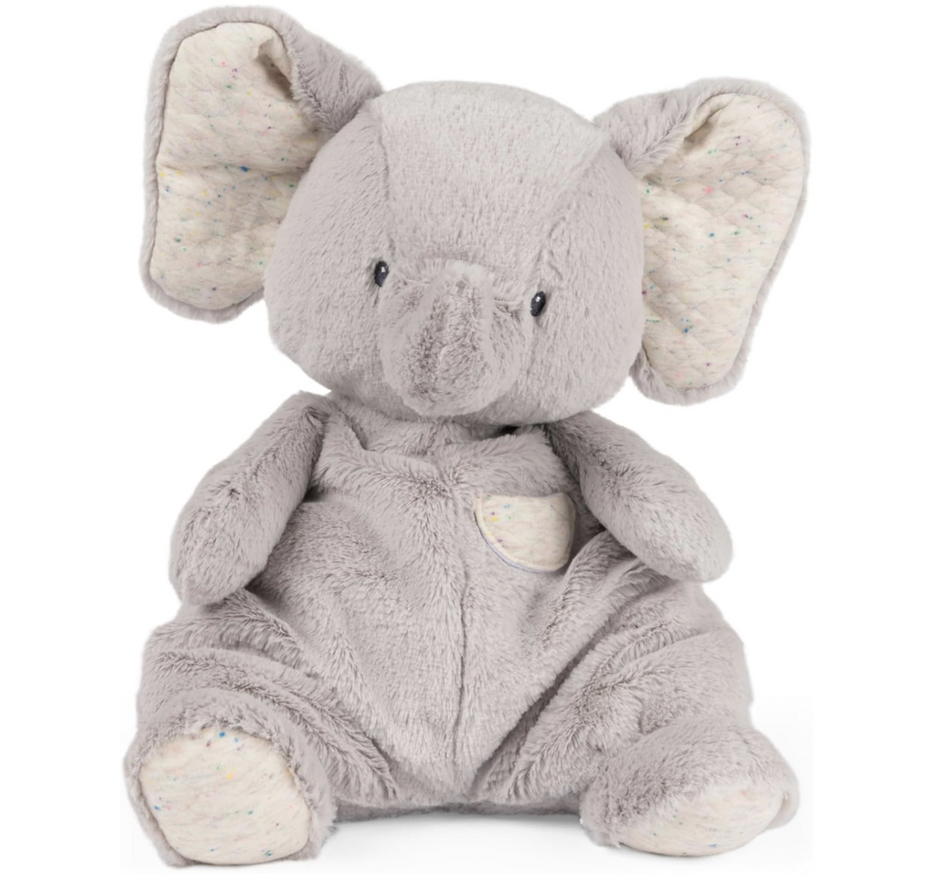 The Oh So Snuggly Elephant a light ash grey color, that combines two of baby`s favorites, a super-soft plush friend and a quilted security blanket, sitting up and facing forward. 