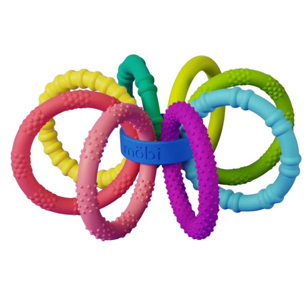 OhLii Teether with colorful flexible, textured rings that  provide multiple textures and shapes to help baby explore their world and soothe their gums. 