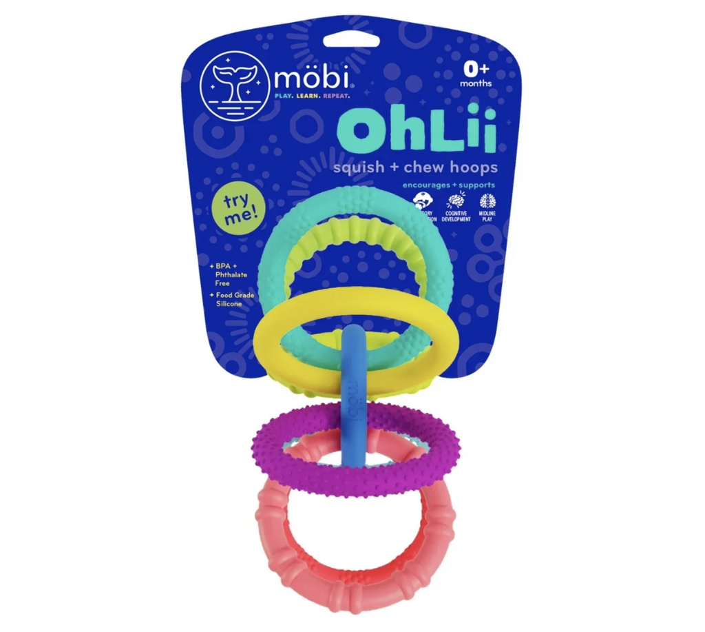 OhLii  Sensory Teether a circular shaped toy featuring soft squish-and-chew loops that are connected and easy for baby to grasp. 