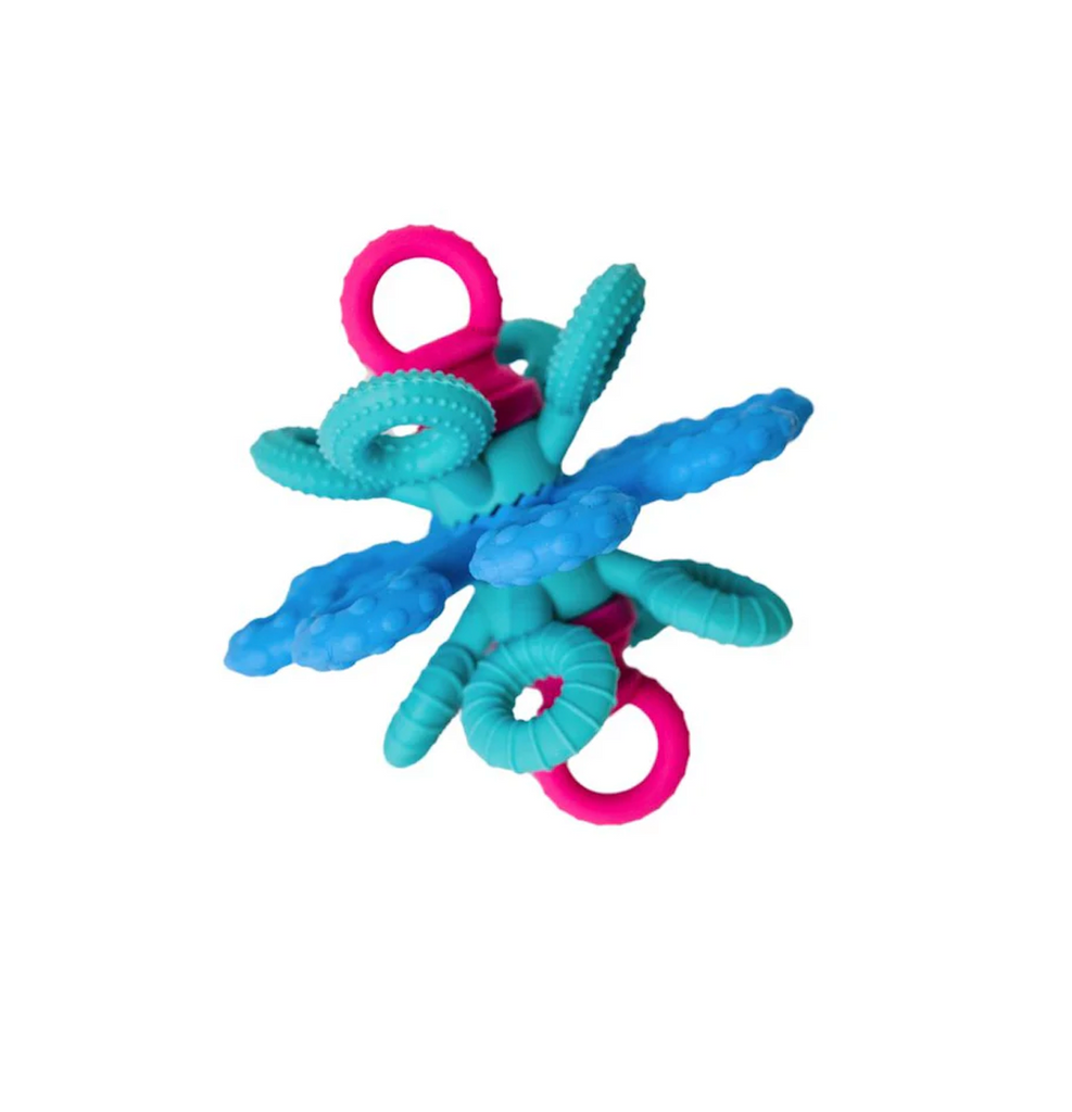 The Okee Activity Ball is teal and pink baby teething toy pictured on a white background. 