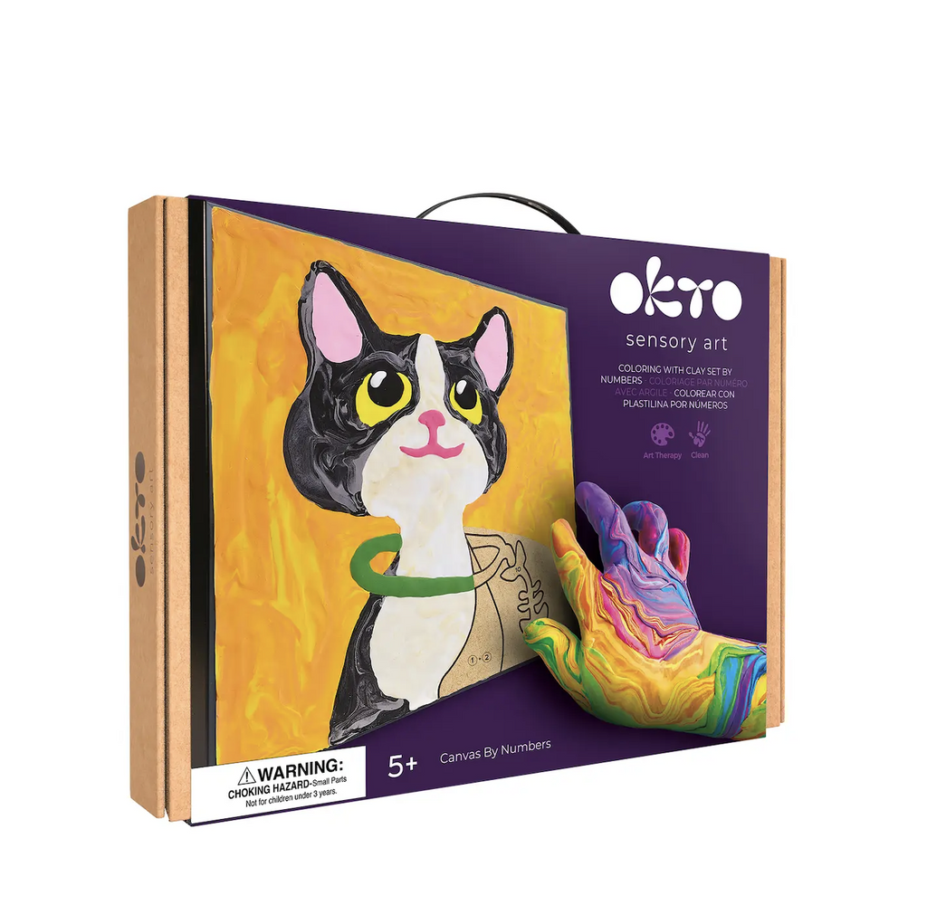 Clay By Numbers Cat themed sensory art kit box. The front of the box features a vibrant, black and white cat made of clay, set against a bright yellow background. The cat has big yellow eyes and a green collar. 