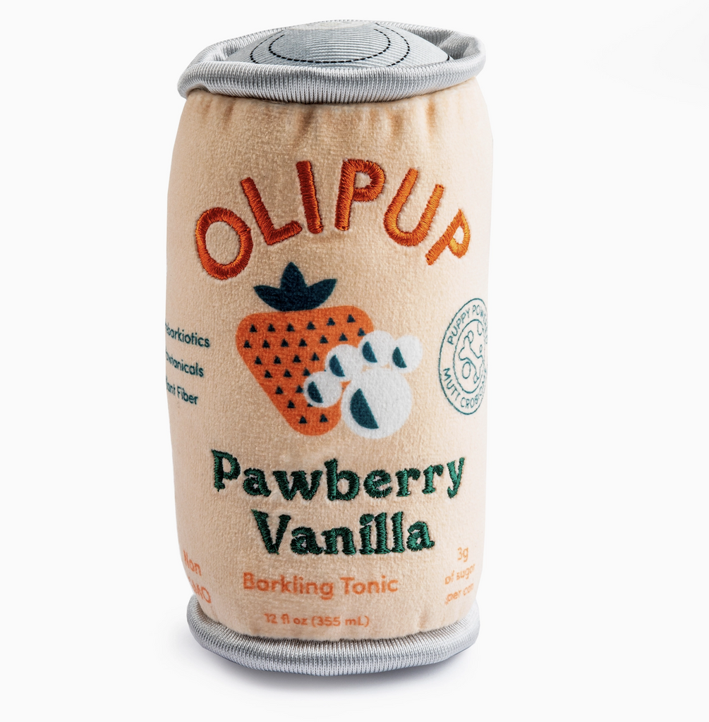 Light pink stuffed dog toy that looks like a can of Olipop, this one is called Olipup and the flavor is Pawberry Vanilla, a borking tonic. 