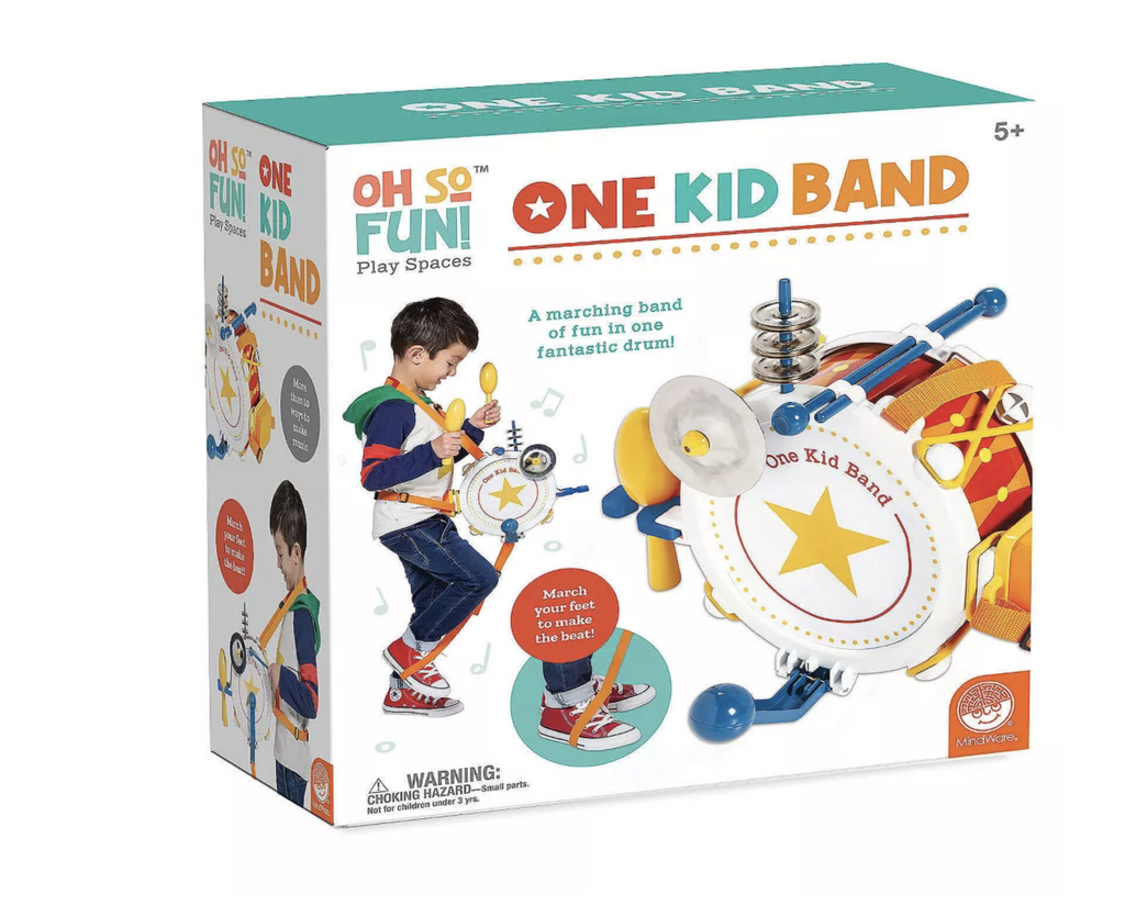 Box of the oh so fun One Kid Band. Image shows child wearing and playing with the One Kid Band and a closeup of the drum.