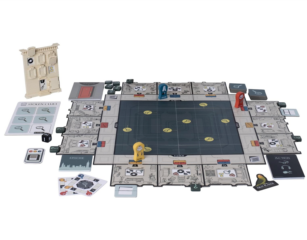 The board game Only Murders In The Building set up and ready to be played. With game pieces and clue cards laid out. 