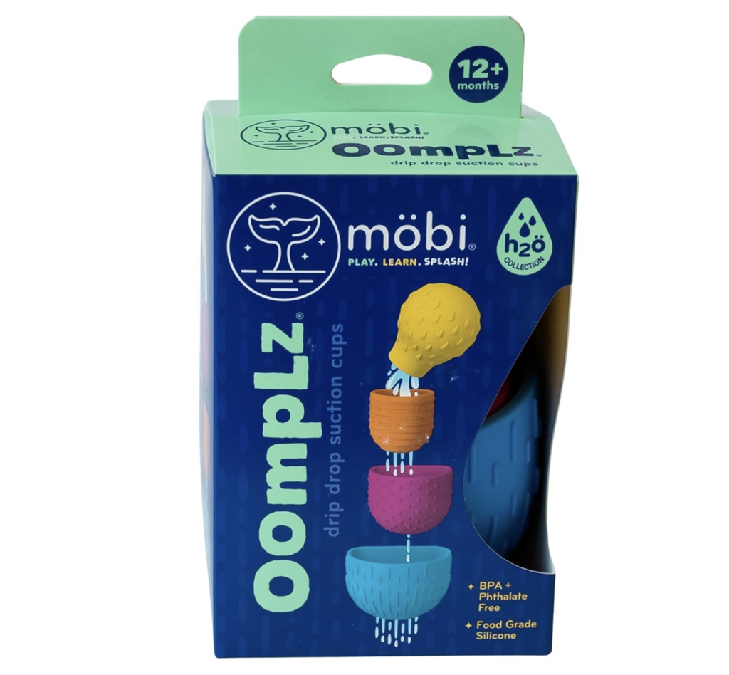 Oomplz drip drop suction cups bath toy packaging. Box is dark blue and has an image of the Oomplz bath toy  with water dripping through the different silicone pieces.
