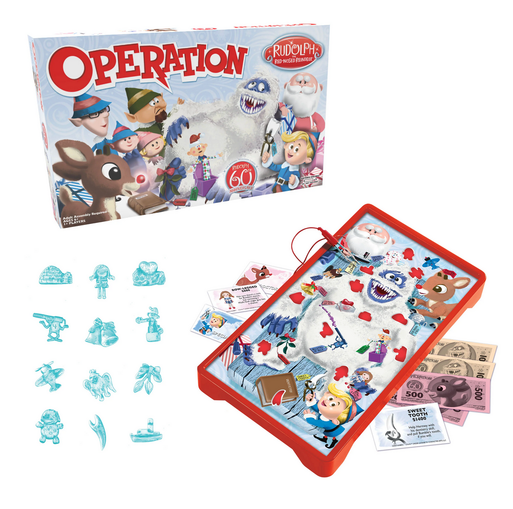 Display of Operation Rudolph the Red Nosed Reindeer edition box, game board, game cards, play money, and small items to be pick up off the board with the included safe tweezers.