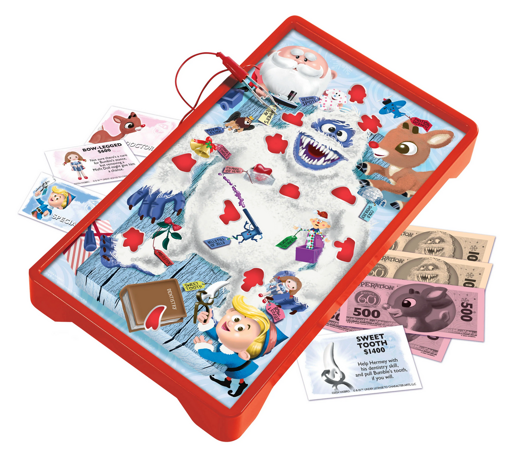 Closeup of game board featuring the Abominable Snowman with game cards and play money on a white background.