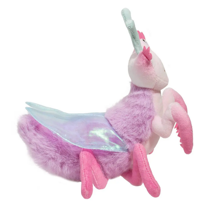 Side view of Ophelia Orchid Mantis showing purple fur over her back, iridescent wings and bright pink legs. 