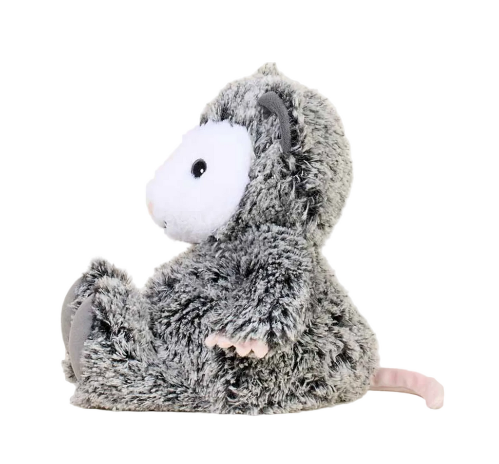 Opossum Warmies stuffed animal viewed from the side.  