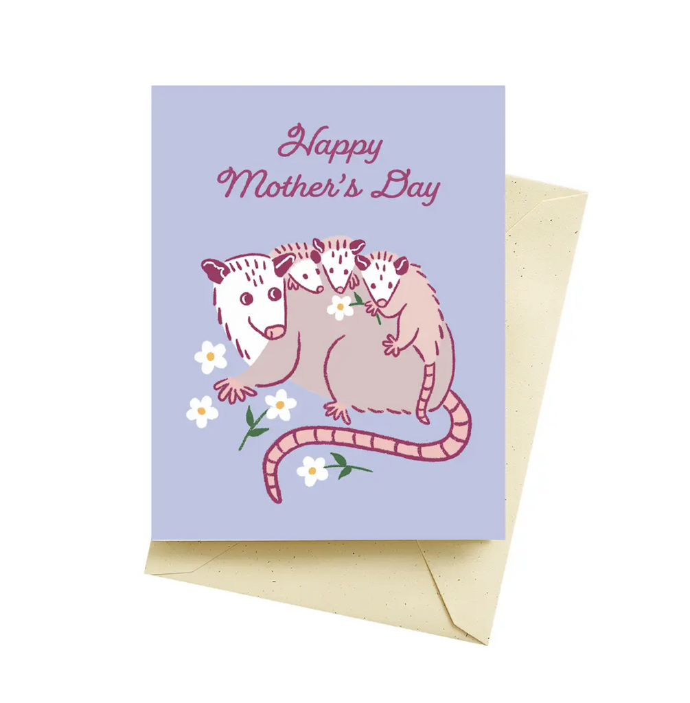 An illustrated greeting card with a mama possum with baby possums riding on her back that reads "Happy Mother's Day". 