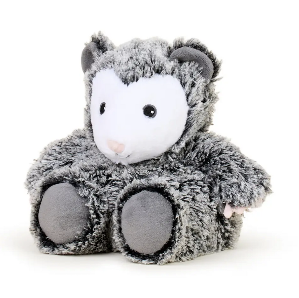Opossum Warmies plush in an upright sitting position and facing forward. 