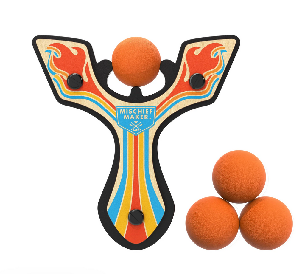 Wooden Mischief Maker slingshot in orange with four matching foam balls. 