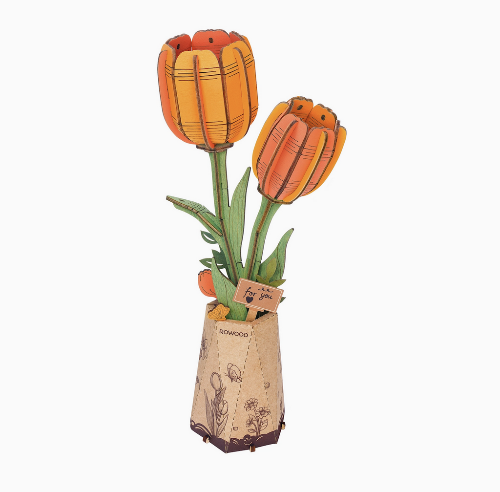 Wooden 3D flower puzzle of Orange Tulips. 