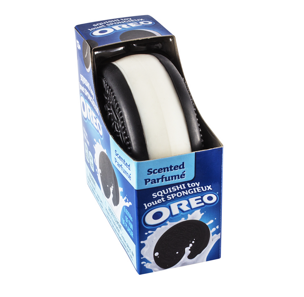 Oreo Squishy Toy in a package that looks like the packaging that the cookies come in. 