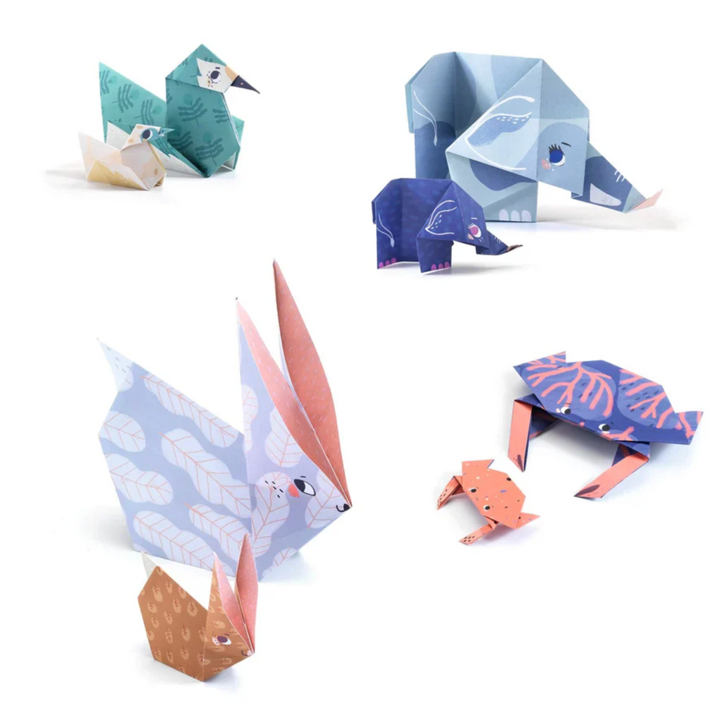 Origami elephant, crab, rabbit and swan parent and baby animals.