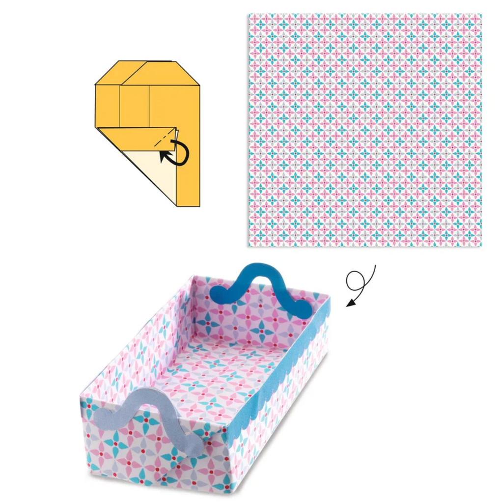 A sheet of pink and blue origami paper and the box folded with it. 