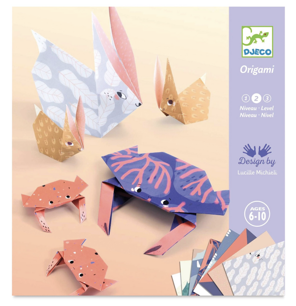 Package with pictures of origami animals folded with paper fom the Origami Family kit.  .