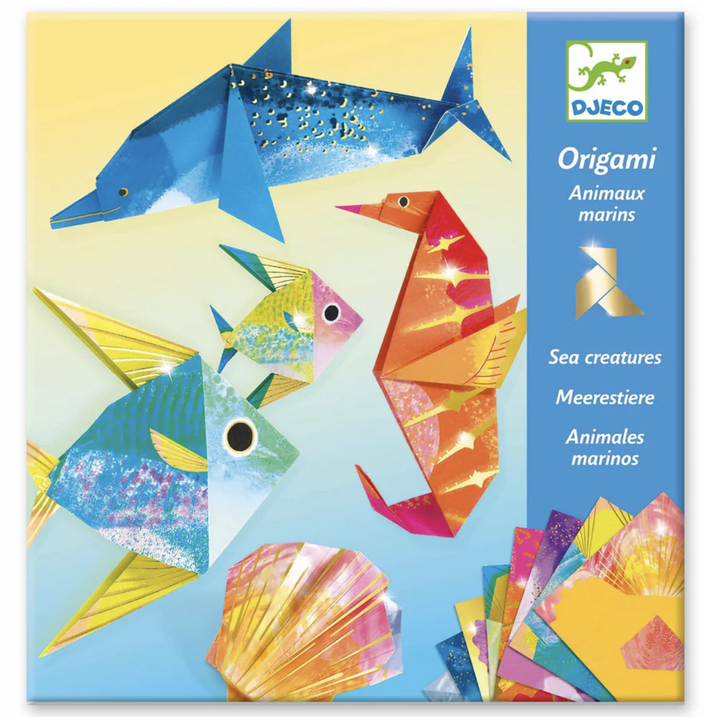 Brightly illustrated package with examples of sea creatures folded with origami paper. 