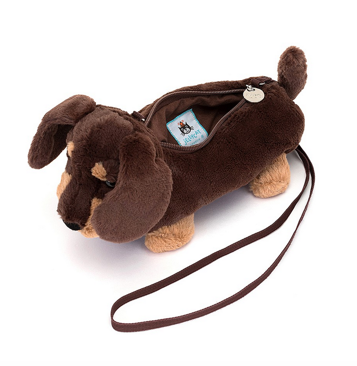 Top view of Otto Sausage Dog plush bag. You can see the strong silver zip, a cross-body strap in cocoa webbing and matching cotton lining. 