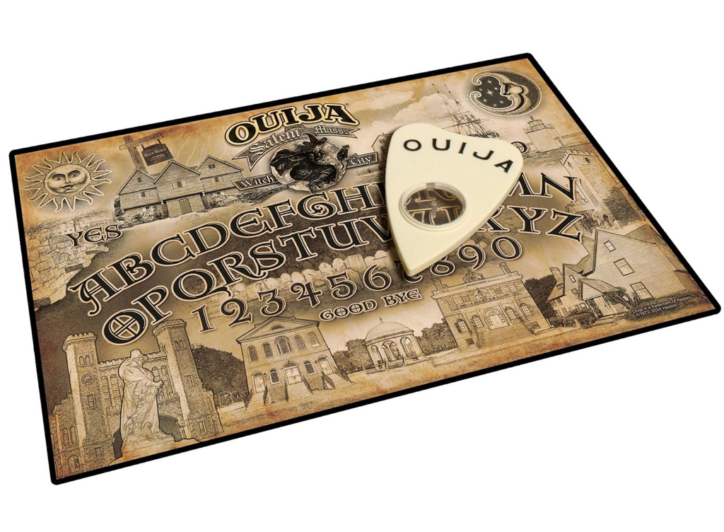 The Salem Mass. special edition Ouija board with sepia toned images of historical places in and around the Witch City. A classic Ouija planchette is resting on the board waiting for a question. 