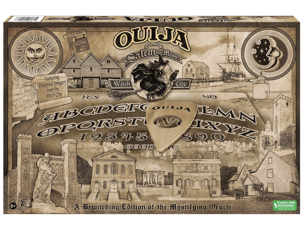 Ouija Salem Edition board game with the front cover featuring historical imagery from Salem Mass. the Witch City. 