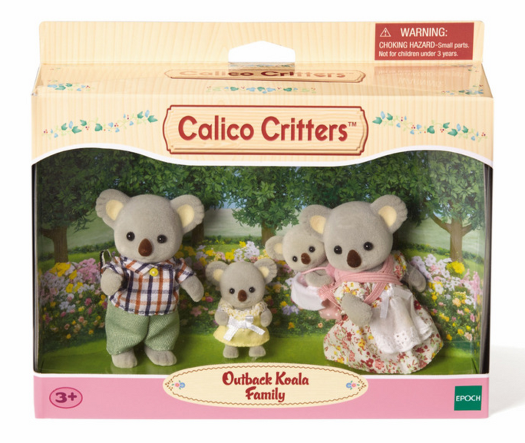 Outback Koala Family figures packaged in a box with clear window at the front that shows Dad, Mom, and two babies in the Calico Critters Koala family. 