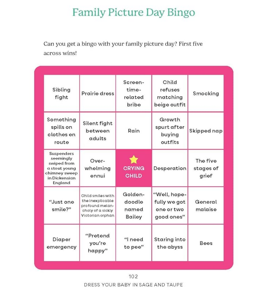 Interior page from "Dress Your Baby in Sage and Taupe" featuring a Family Picture Day Bingo card with humorous family scenarios on a pink background. 