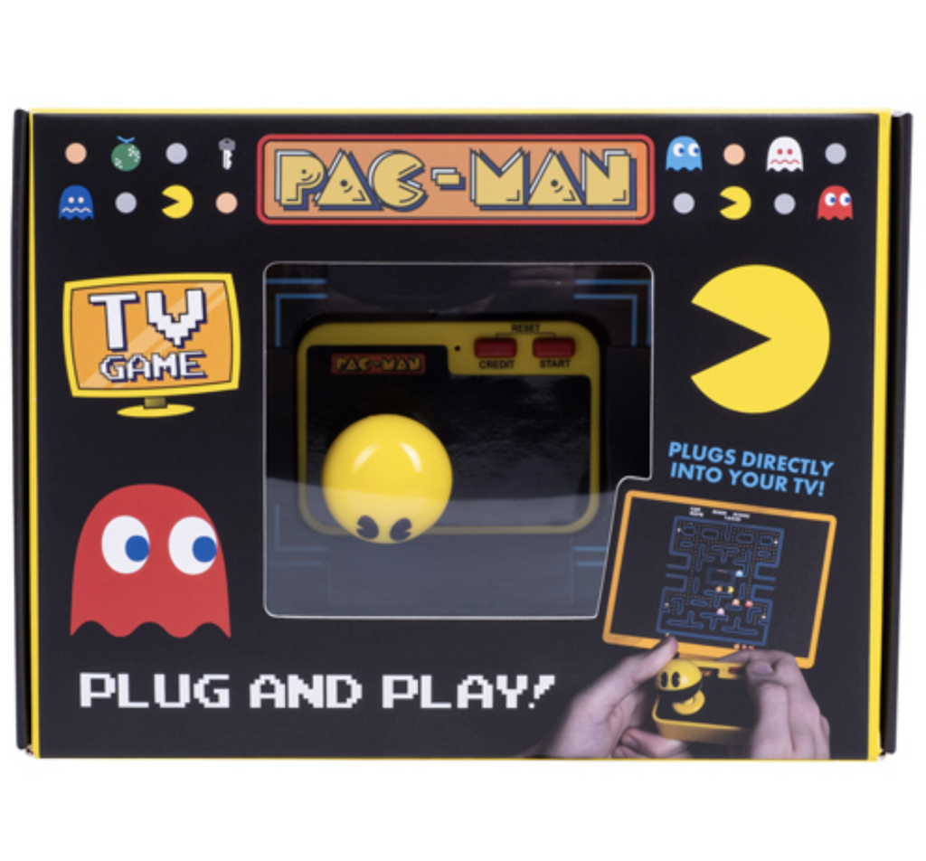 Black box with yellow border and bold graphics from the Pac Man arcade game. Also pictured on the front of the box is the handheld game controller with the Pac Man shaped joystick being played. 