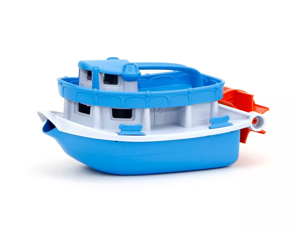 Blue and white toy paddle boat with red rear propellers. 