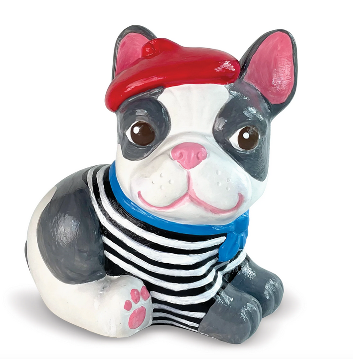 French Bulldog is wearing a beret and bandana. Customize your new puppy with bright, shiny acrylic paints. This one has a red beret, black and white striped shirt anda blue kerchief tied around it's neck. 