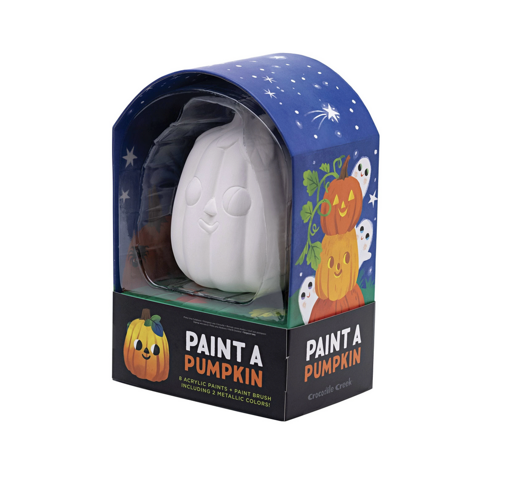 Ceramic Paint a Pumpkin kit packaged in a decorative box illustrated with images of jack o lanterns in a pumpkin patch. The box can double as a display. 