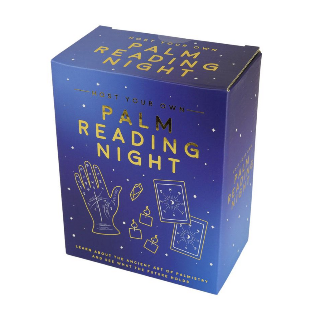 The Palm Reading Night kit box with gold lettering on a purple background. 