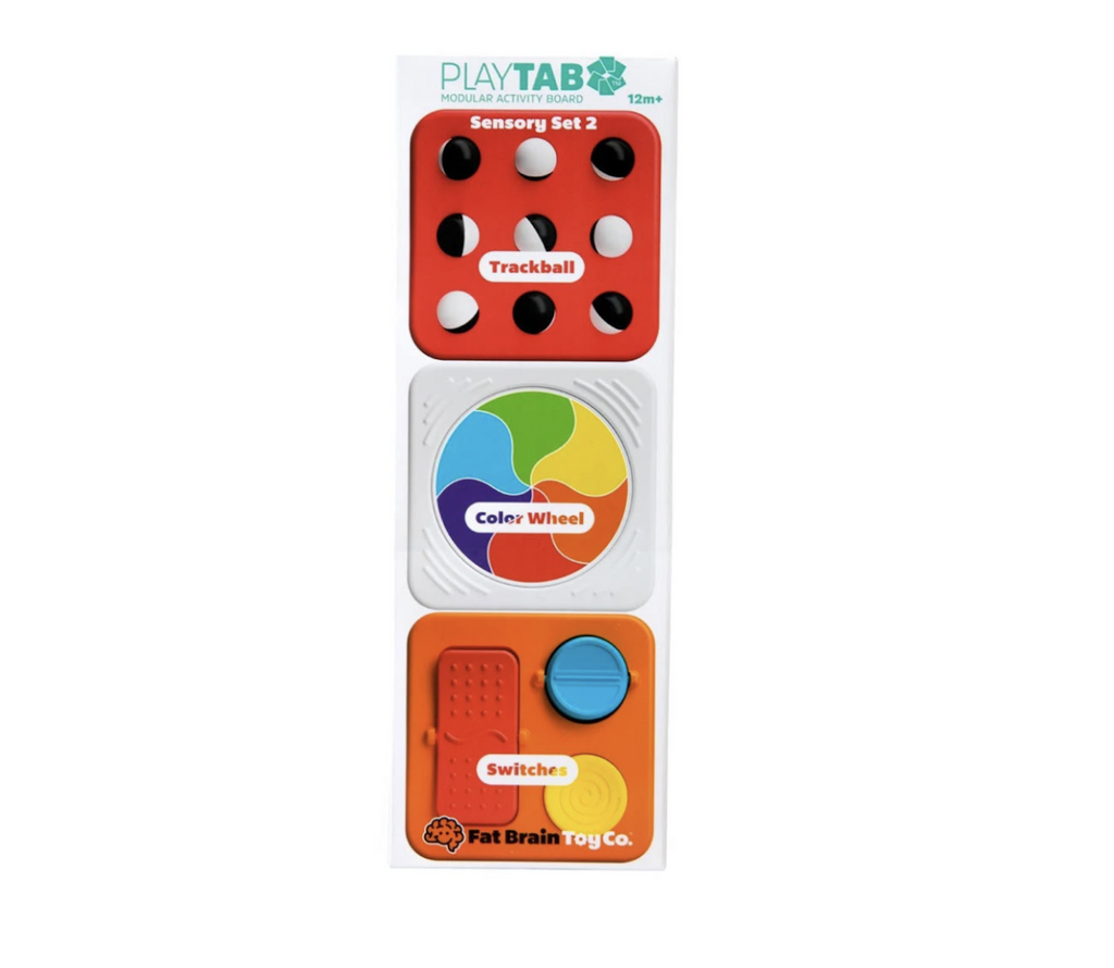 Play Tab Sensory Set 2 with three tiles that are compatible with the Play Tab Board (sold separately) this set includes a trackball tile, a color wheel, and a set of textured and colored switches. 