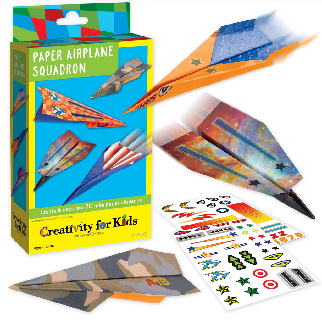 Creativity for Kids Paper Airplane Squadron kit with colorful paper airplanes and stickers used to decorate the airplanes. 