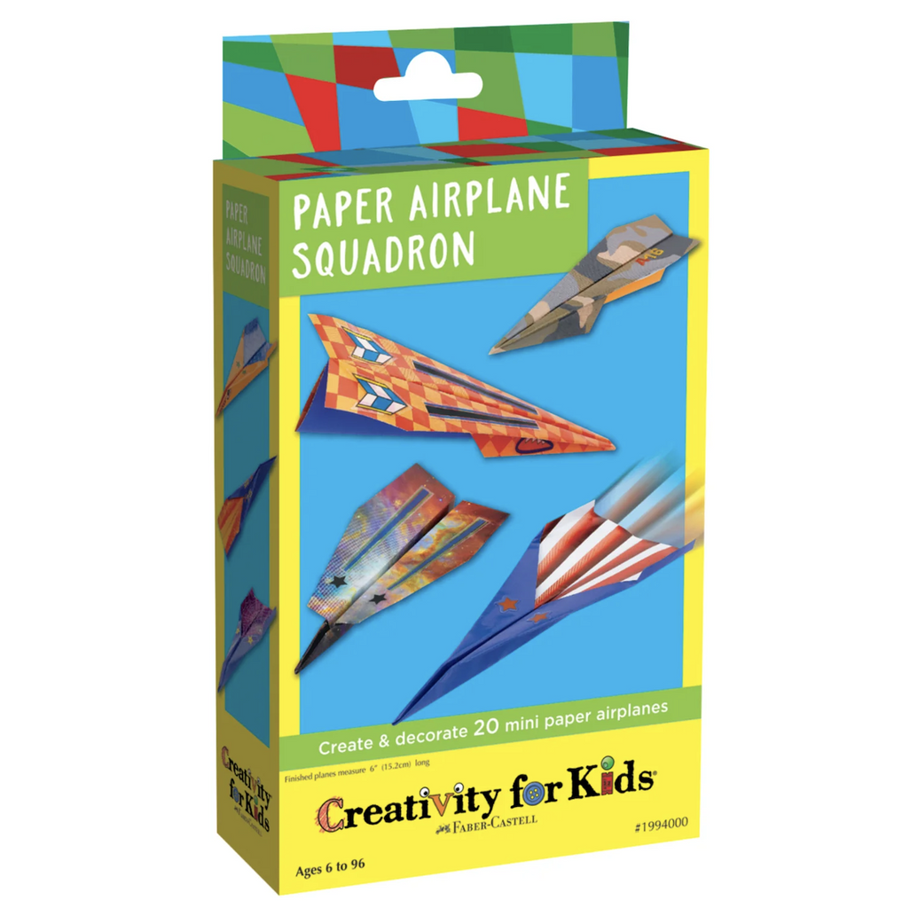 Bright yellow box with pictures of several of the paper airplanes made with the kit. 