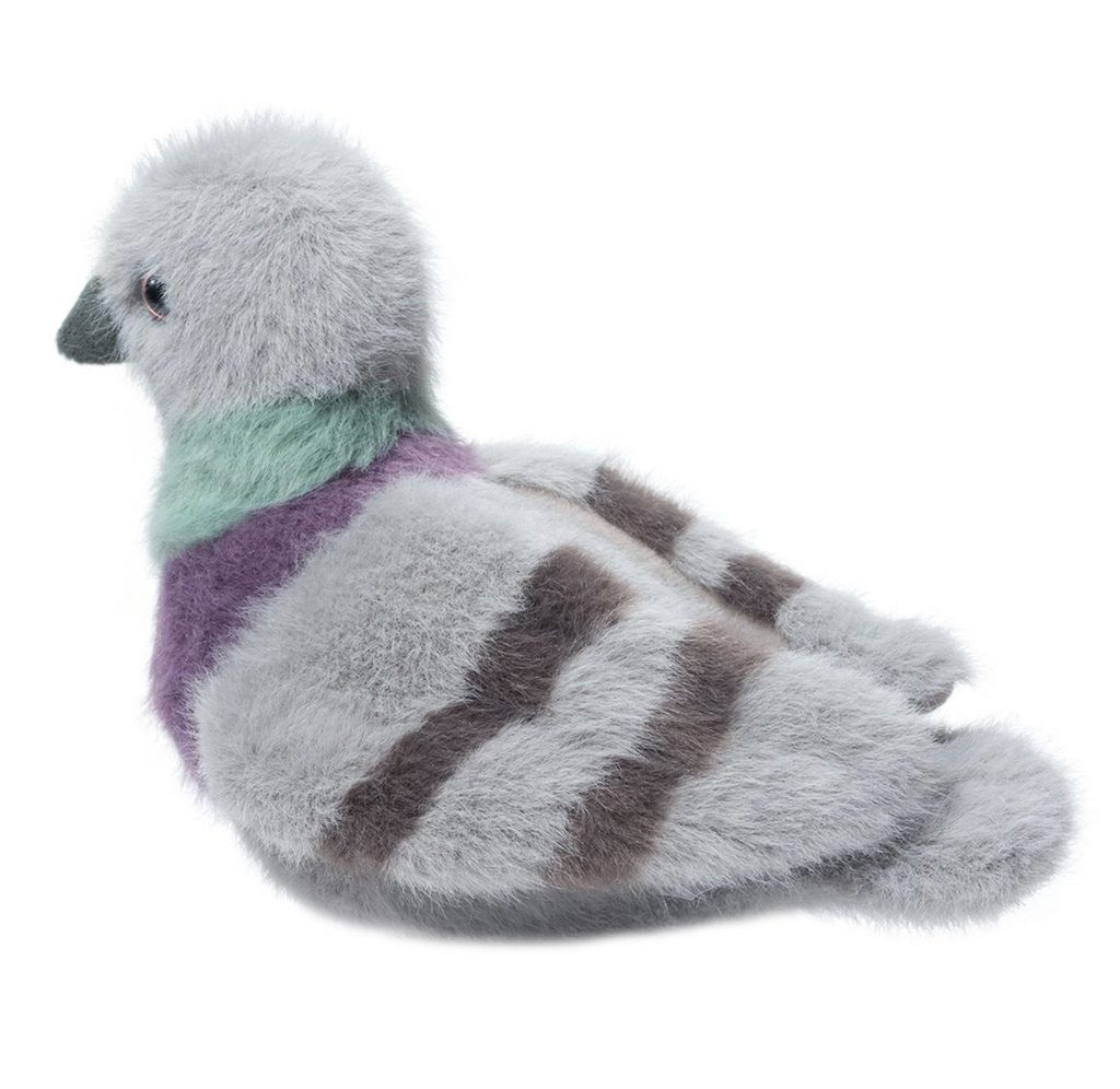 Side view of Parker Pigeon stuffed animal with light grey wings and striped markings. 