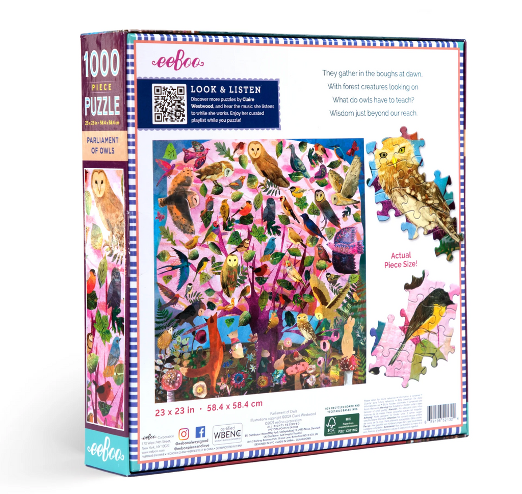 Back of puzzle box shows the completed puzzle's illustration and close ups of two different puzzle sections.

