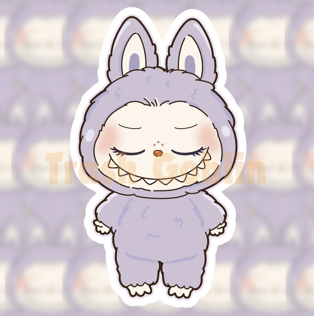 Pastel purple colored Labubu monster with closed eyes illustrated on a square vinyl sticker. 