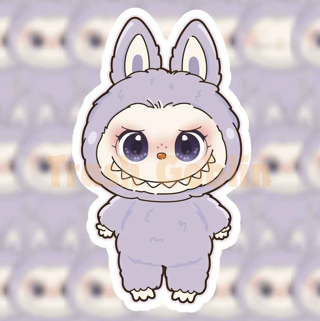 Pastel purple colored Labubu monster illustrated on a square vinyl sticker. 