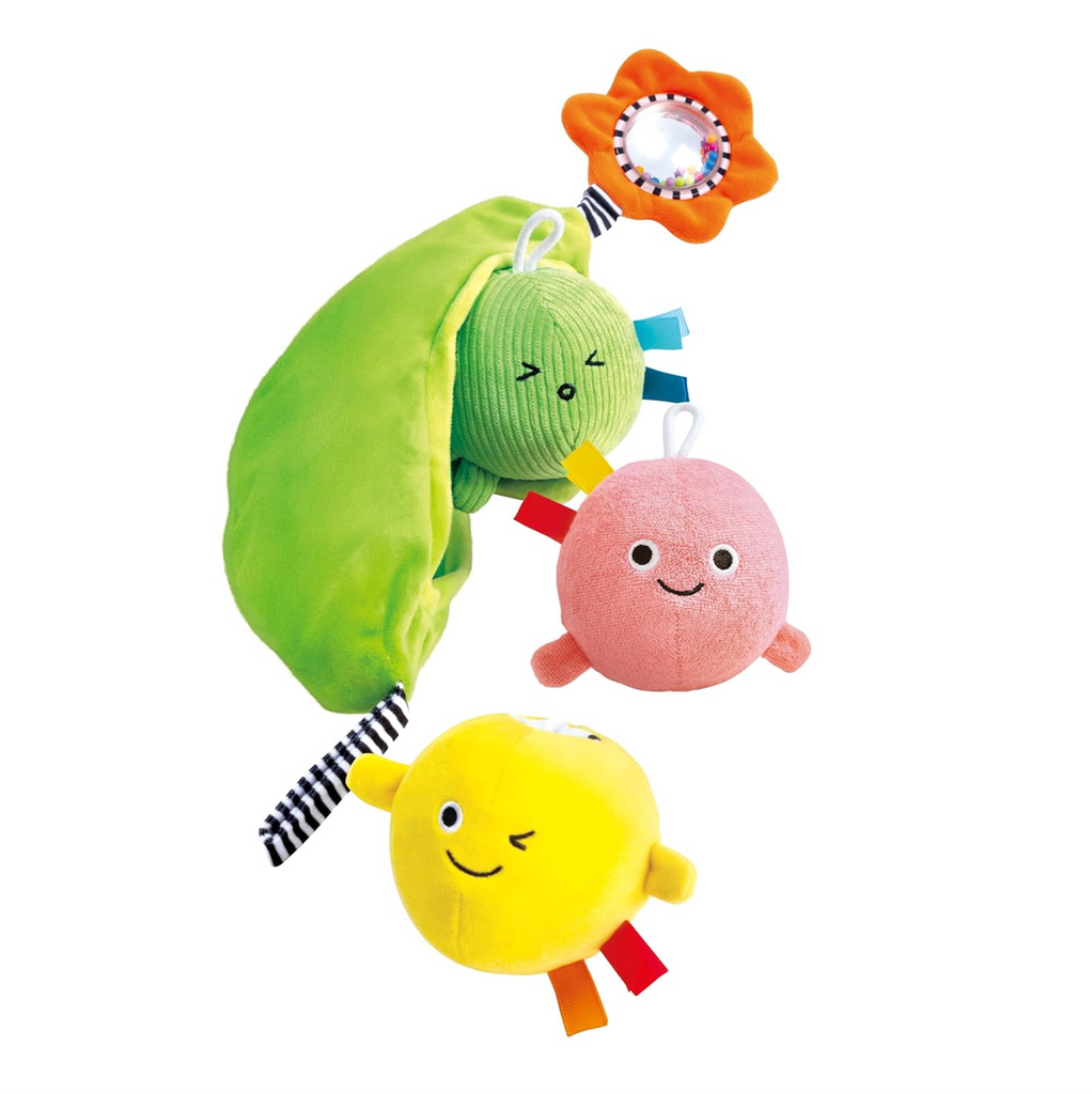 Pea Pod Pals with three little colorful peas that chime and make other sounds packaged in a green, plush pod that can be attached to strollers or car seats. 