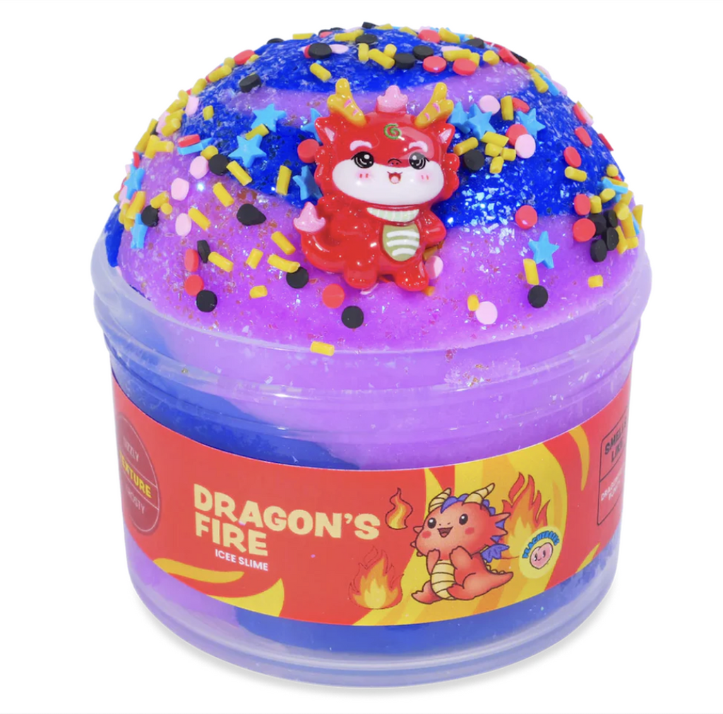 Dragon's Fire Icee Slime from Peachybbies in a clear container with bright blue and purple icee textured slime with a red dragon charm and yellow, blue, red, pink and black mix ins. Do not eat, not food. 