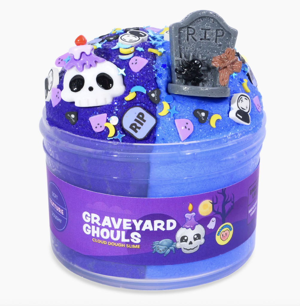 Graveyard Ghouls slime is two toned blue cloud slime that includes  Halloween-themed charms, mix-ins, and sprinkles like skulls, ghosts, gravestones, and crystal balls. 