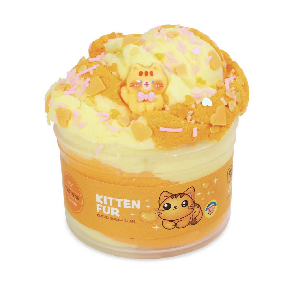 Peachybbies Kitten Fur slime with light yellow and gold colored cloud slime with a kitty charm and pink sprinkles. Not food, do not eat. 