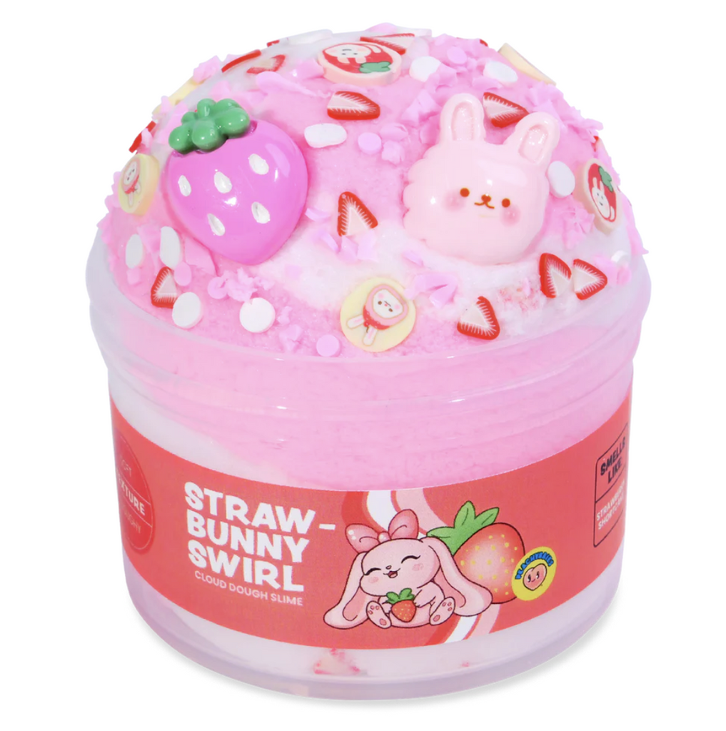 Peachybbies Strawbunny Swirl slime in a clear container that shows the bright pink and white cloud dough slime with a strawberry and bunny charm and sprinkles in the shape of strawberry slices, bunnies, and confetti. Not food, do not eat. 