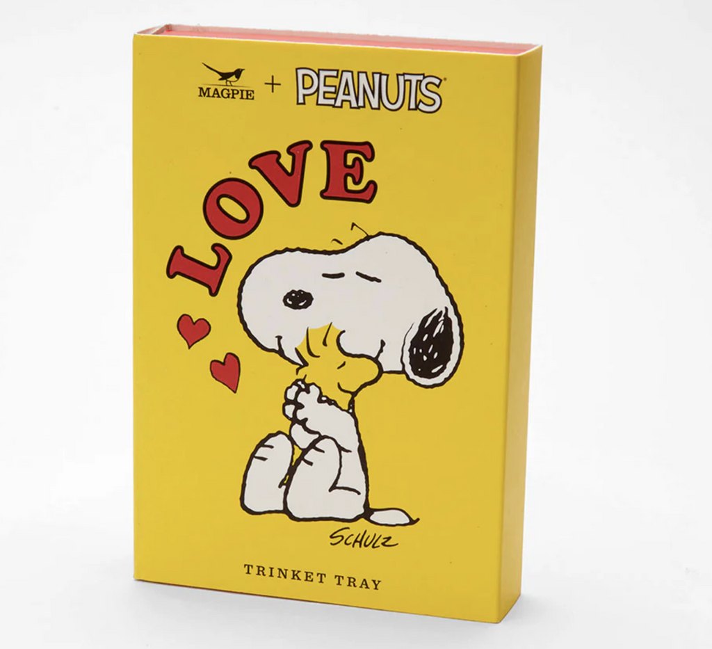 Yellow box with illustration of Snoopy and Woodstock hugging with Love written in red. 