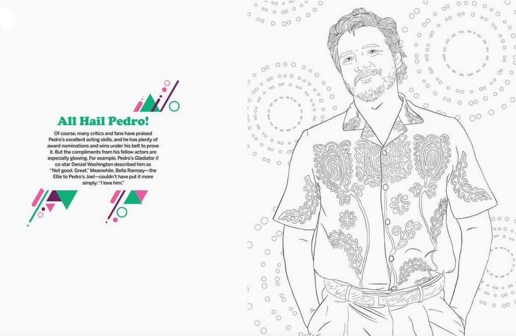 Coloring book page with a stylized illustration of a person wearing a patterned shirt and text on a white background.