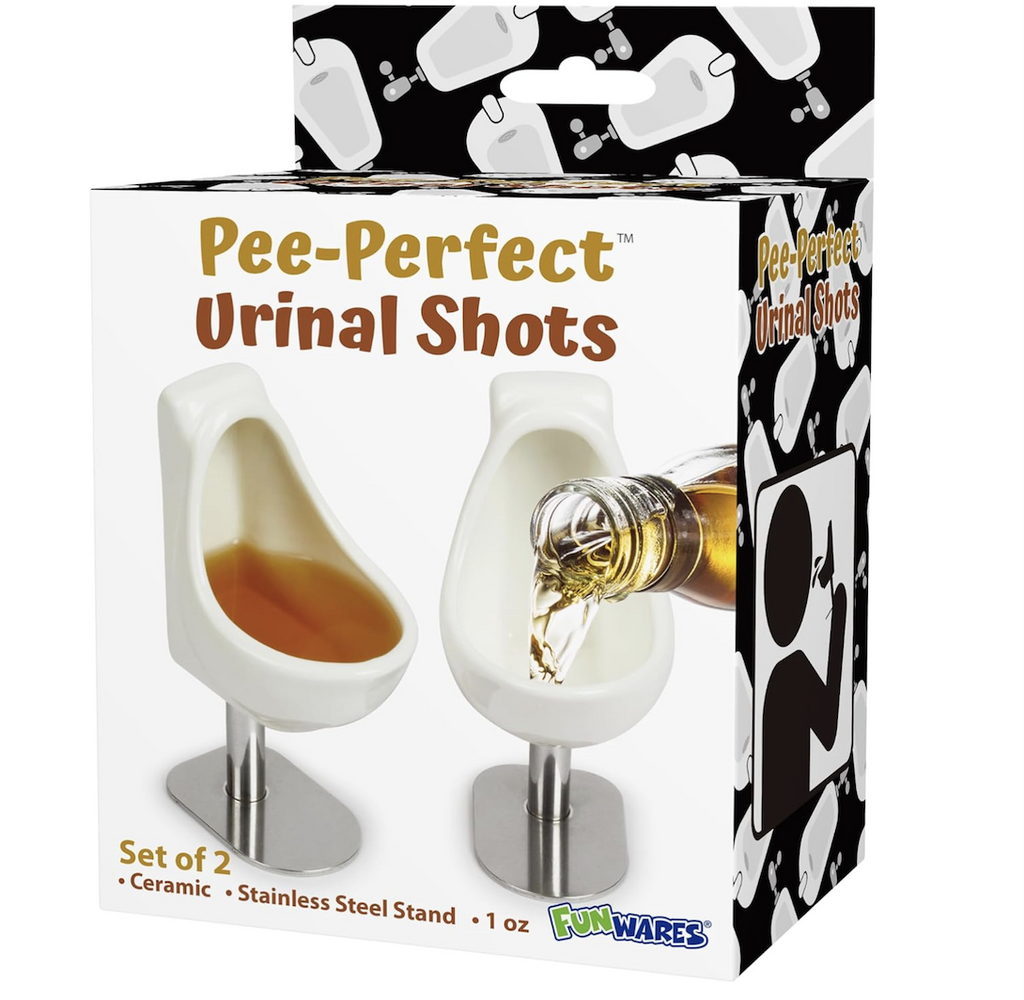 Set of 2 Urinal Shot glasses boxed with pictures of the shot glasses being filled with an adult beverage. 