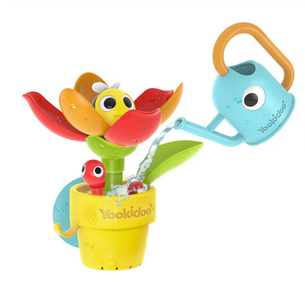A colorful toy flower that opens to reveal a bee when filled with water using the blue watering can. 