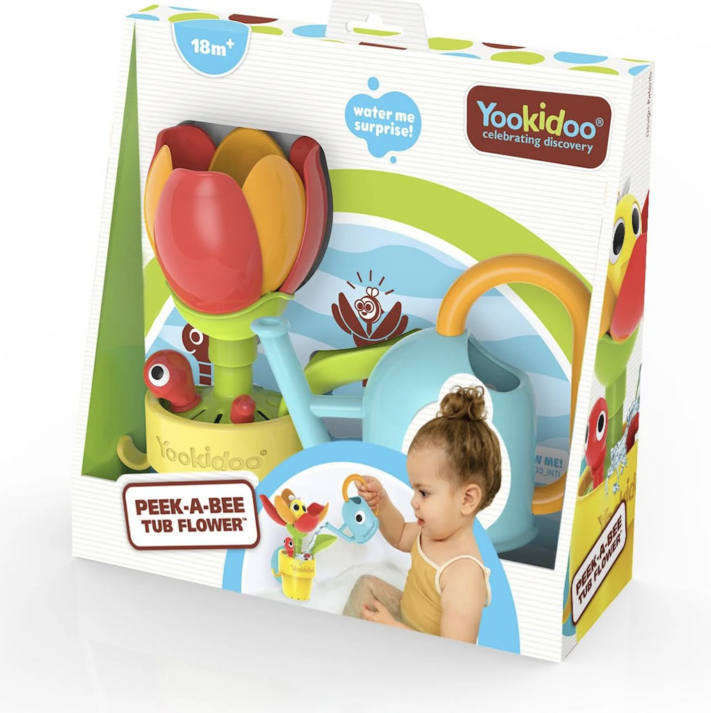 The Peek A Bee Tub Flower interactive bath toy from Yookidoo packaged in an open box. 