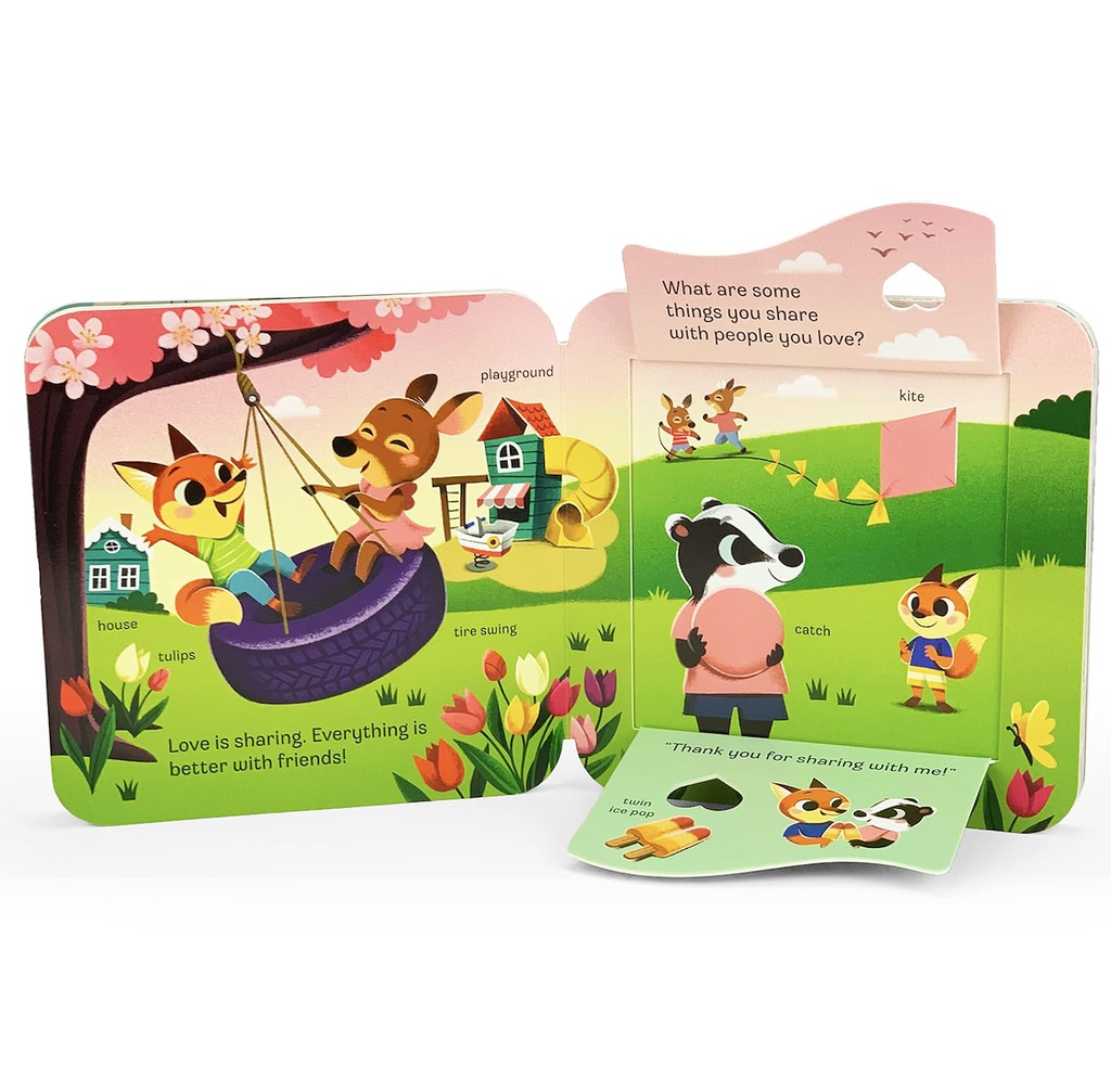 Internal page from Peek A Flap Love board book with the flaps opened to further the story depicting friends playing in a park. 